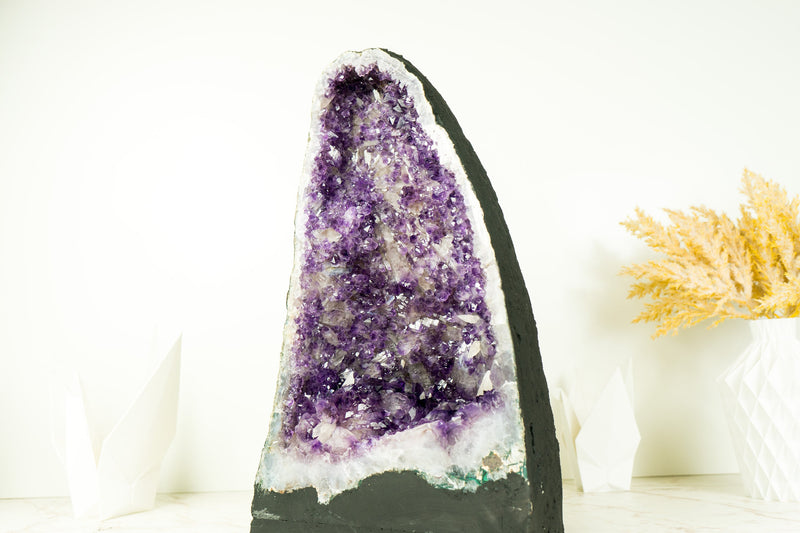 Deep Purple Amethyst Geode with Rare Flower-Like Druzy Formation and Calcite