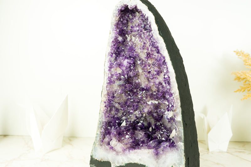 Deep Purple Amethyst Geode with Rare Flower-Like Druzy Formation and Calcite