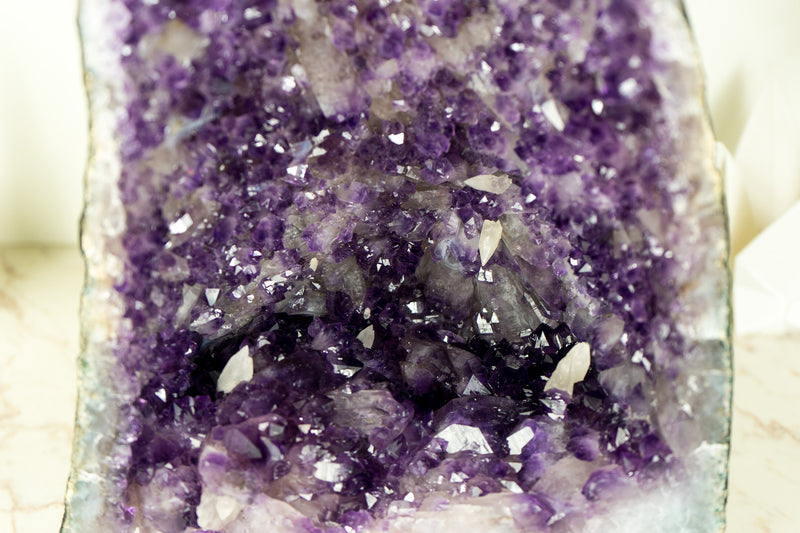 Deep Purple Amethyst Geode with Rare Flower-Like Druzy Formation and Calcite