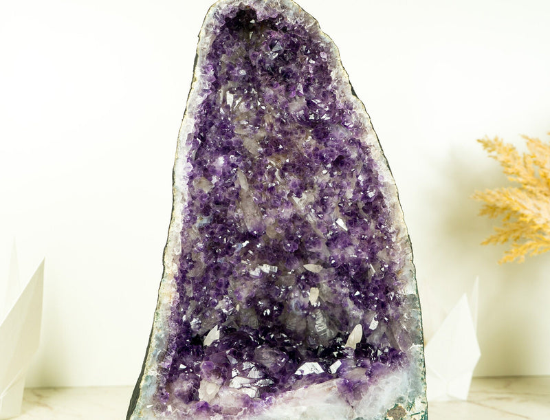 Deep Purple Amethyst Geode with Rare Flower-Like Druzy Formation and Calcite