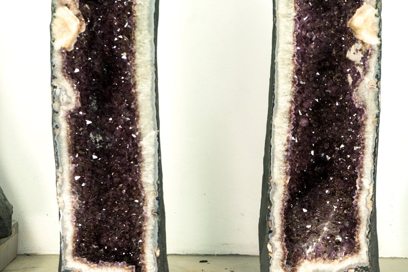 Pair 5 Ft Tall Large Amethyst Geode Cathedrals with Sparkly Lavender Amethyst, Calcite, and Goethite Inclusions