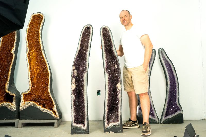 Pair 5 Ft Tall Large Amethyst Geode Cathedrals with Sparkly Lavender Amethyst, Calcite, and Goethite Inclusions