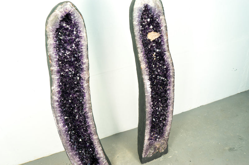 Pair of High-Grade, 6 Ft Tall Giant Amethyst Cathedral Geodes with Intact Large Calcite