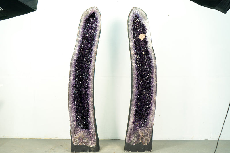Pair of High-Grade, 6 Ft Tall Giant Amethyst Cathedral Geodes with Intact Large Calcite