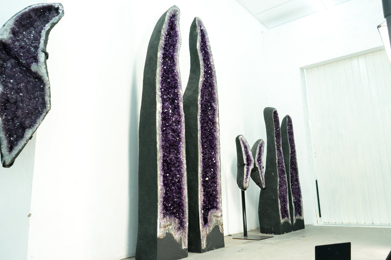 Pair of 8 Ft Tall Giant High-Grade Amethyst Cathedral Geodes with Deep Purple Points