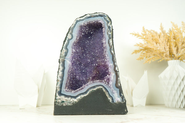 Kleine blaue Spitzenachat-Geode mit Galaxie-Lavendel-Amethyst-Druzy