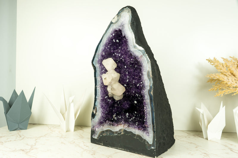 Gorgeous Amethyst Geode with Deep Purple Amethyst Druzy, Blue Lace Agate, and Calcite Formation