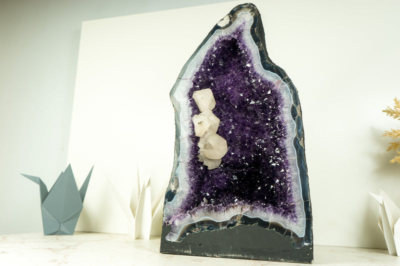 Gorgeous Amethyst Geode with Deep Purple Amethyst Druzy, Blue Lace Agate, and Calcite Formation