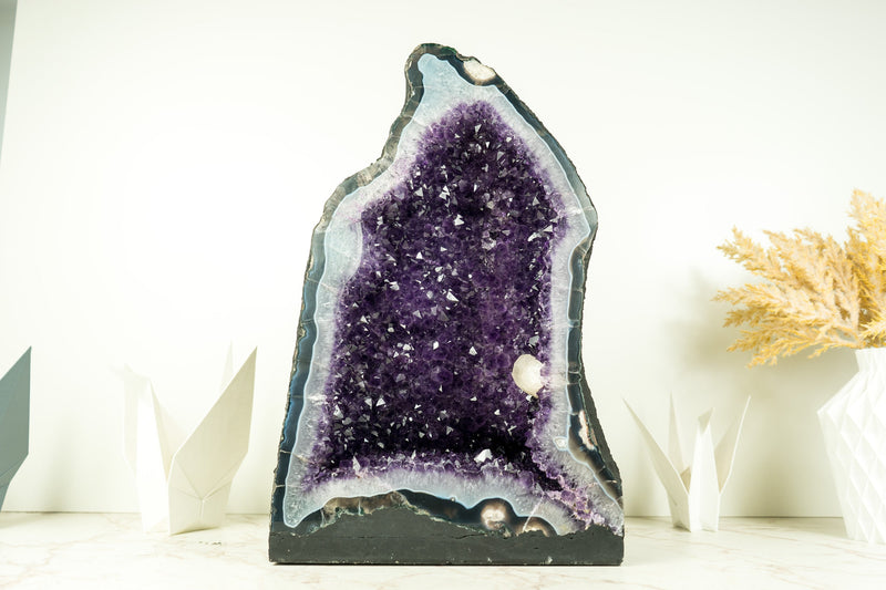 Rare Amethyst Geode with Deep Purple Amethyst Druzy, Blue Lace Agate, and Calcite Inclusion