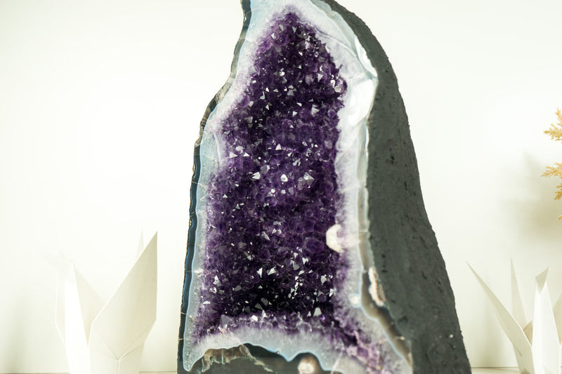 Rare Amethyst Geode with Deep Purple Amethyst Druzy, Blue Lace Agate, and Calcite Inclusion