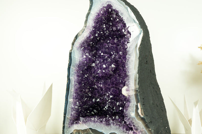 Rare Amethyst Geode with Deep Purple Amethyst Druzy, Blue Lace Agate, and Calcite Inclusion