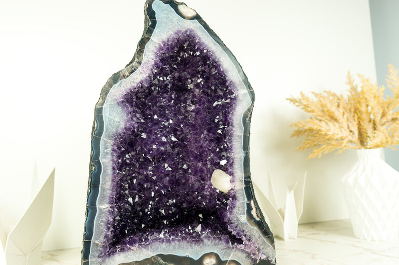 Rare Amethyst Geode with Deep Purple Amethyst Druzy, Blue Lace Agate, and Calcite Inclusion