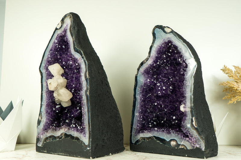 Pair of Rare Amethyst Geodes with Deep Purple Amethyst Druzy, Blue Lace Agate, and Calcite Inclusions