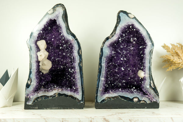 Pair of Rare Amethyst Geodes with Deep Purple Amethyst Druzy, Blue Lace Agate, and Calcite Inclusions