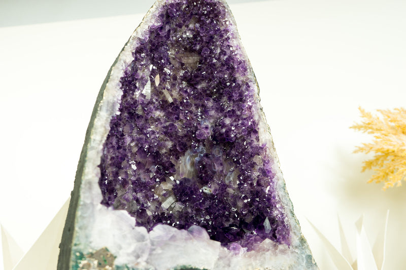 Deep Purple Amethyst Geode with Rare Flower-Like Druzy Formation and Calcite Inclusions