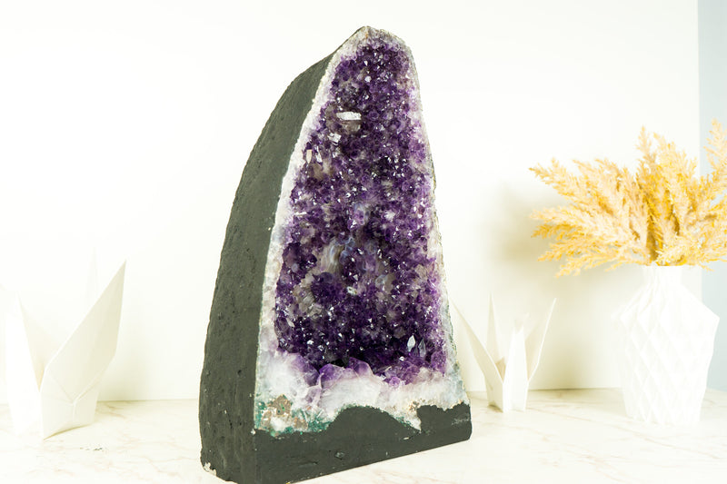 Deep Purple Amethyst Geode with Rare Flower-Like Druzy Formation and Calcite Inclusions