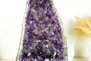 Dunkelviolette Amethyst-Geode mit seltener blumenartiger Drusenformation und Kalzit