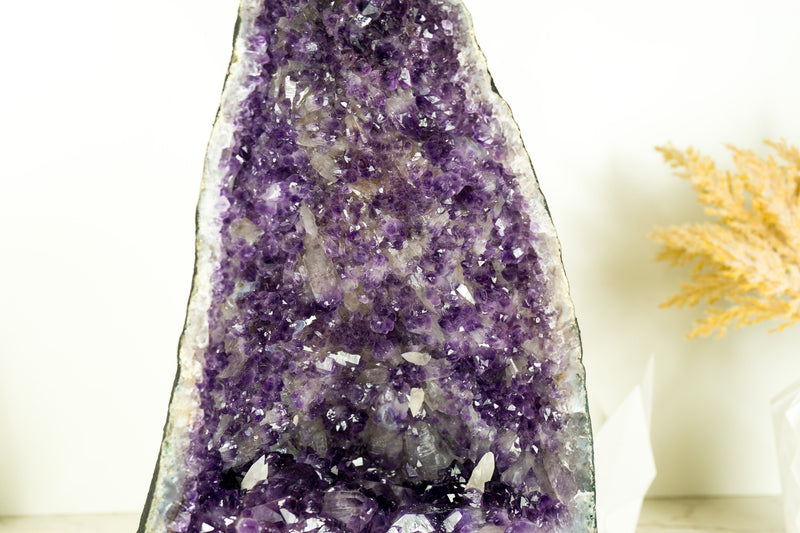 Deep Purple Amethyst Geode with Rare Flower-Like Druzy Formation and Calcite