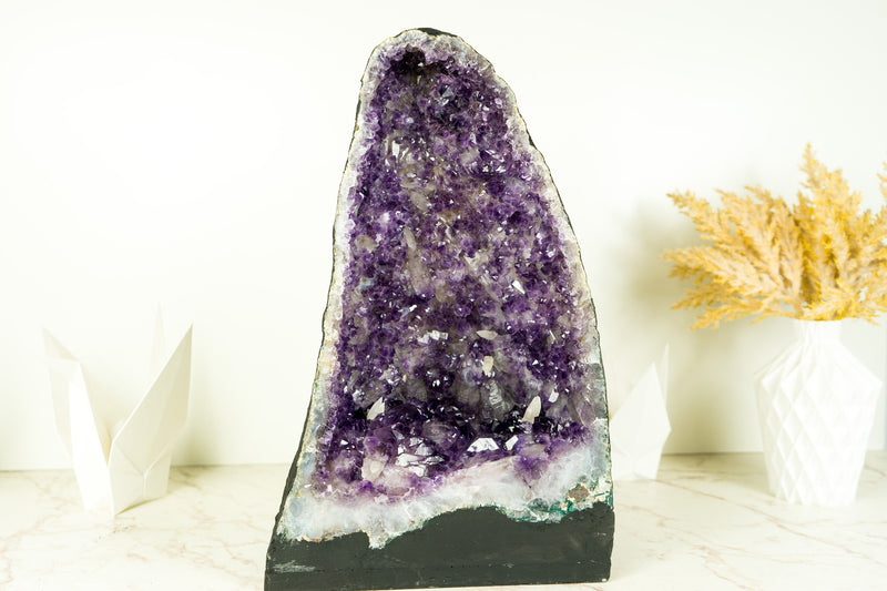 Pair of Deep Purple Amethyst Geodes with Rare Flower-Like Druzy Formation and Calcite Inclusions