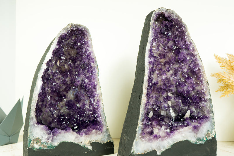 Paar dunkelviolette Amethyst-Geoden mit seltener blumenartiger Drusenformation und Kalzit-Einschlüssen
