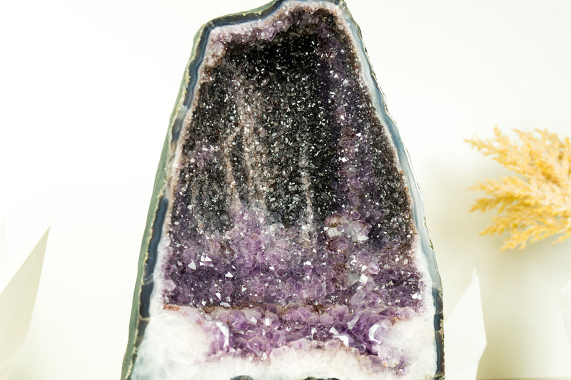 Natürliche Galaxy Amethyst Geode mit seltenem zweifarbigen Amethyst Druzy und blau gebändertem Achat