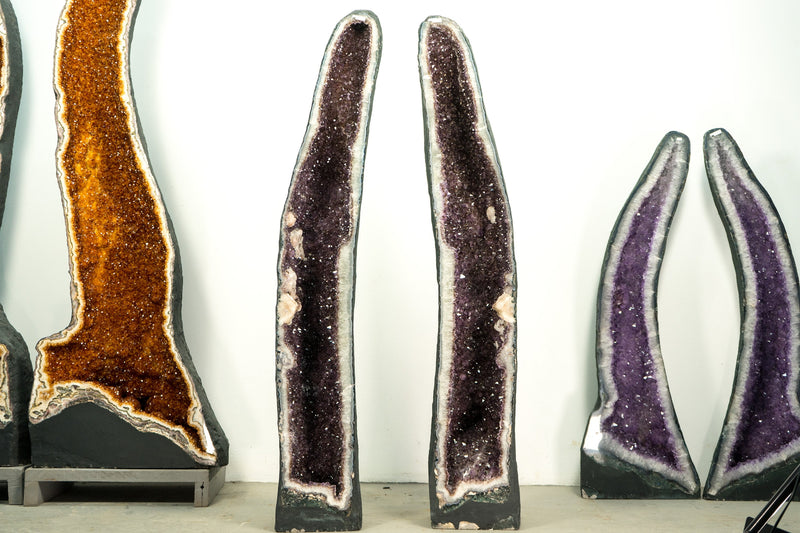 Pair 5 Ft Tall Large Amethyst Geode Cathedrals with Sparkly Lavender Amethyst, Calcite, and Goethite Inclusions