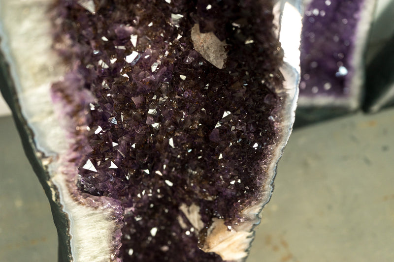 Pair 5 Ft Tall Large Amethyst Geode Cathedrals with Sparkly Lavender Amethyst, Calcite, and Goethite Inclusions