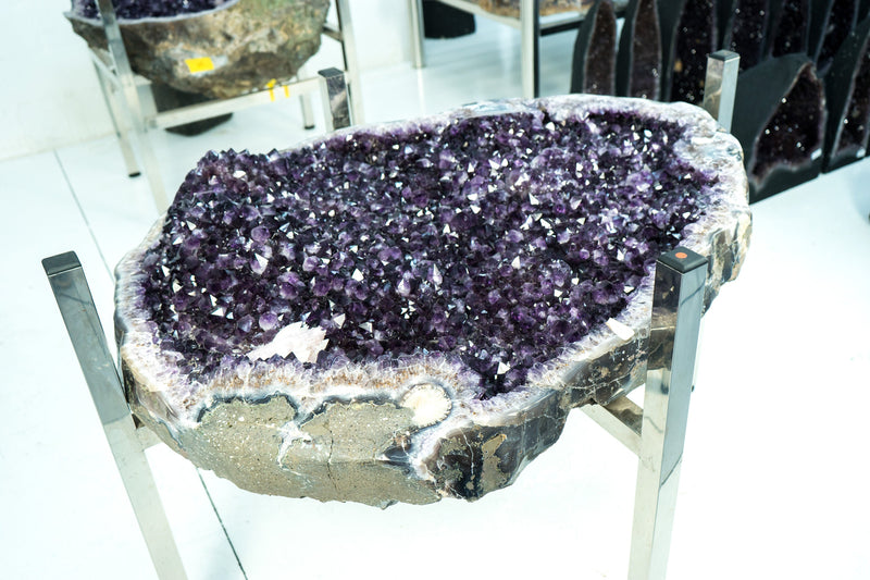 Amethyst Geode Dining Table on Handmade Inox Base with a AAA, Deep Purple Amethyst Crystal Geode