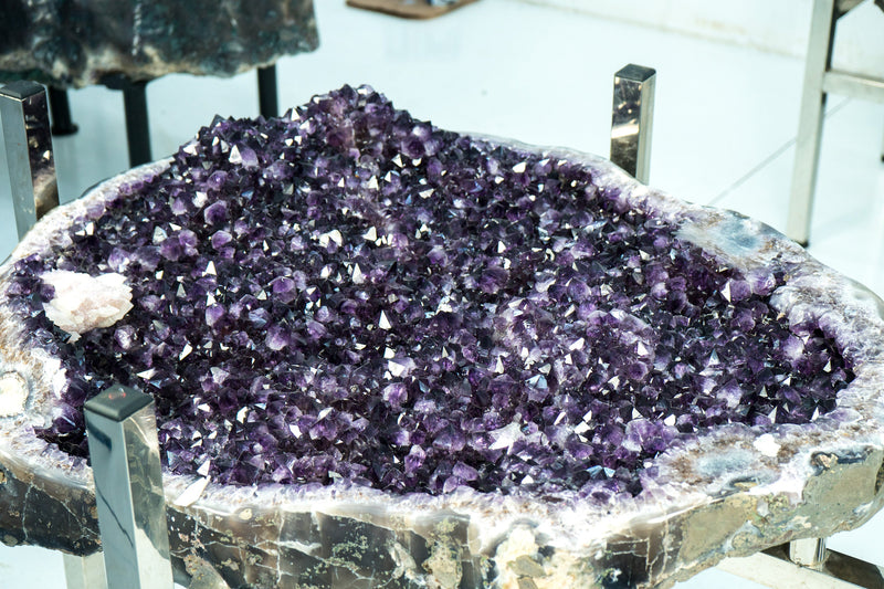 Amethyst Geode Dining Table on Handmade Inox Base with a AAA, Deep Purple Amethyst Crystal Geode