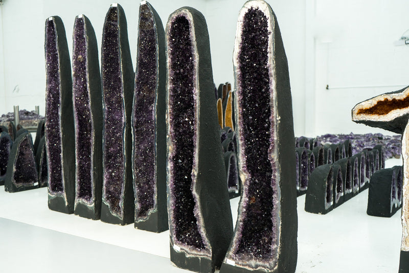 Spectacular Pair of Tall Amethyst Geodes with High-Grade Deep Purple Amethyst Druzy