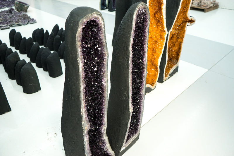 Spectacular Pair of Tall Amethyst Geodes with High-Grade Deep Purple Amethyst Druzy