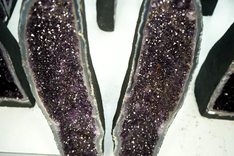 Gorgeous Pair of Straight, X-Tall Amethyst Geodes with Sparkly Purple Amethyst, Agate Matrix and Cacoxenite