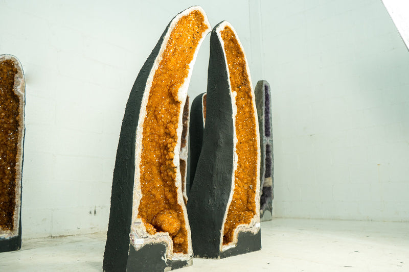 Pair of Sculptural Large High-Grade Citrine Geodes with Sparkly Orange Citrine Druzy