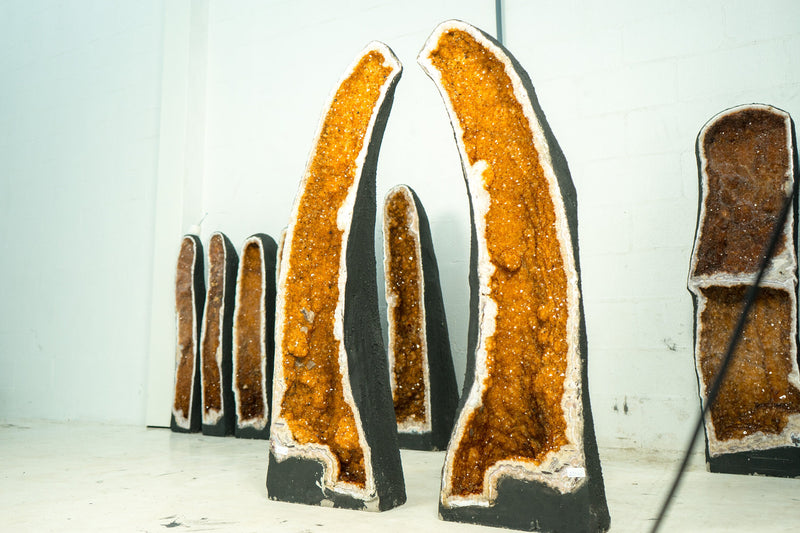 Pair of Sculptural Large High-Grade Citrine Geodes with Sparkly Orange Citrine Druzy
