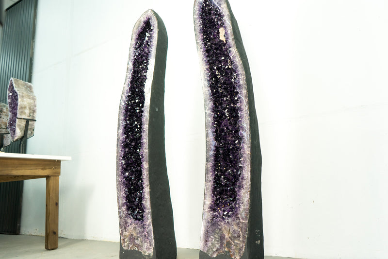 Pair of High-Grade, 6 Ft Tall Giant Amethyst Cathedral Geodes with Intact Large Calcite