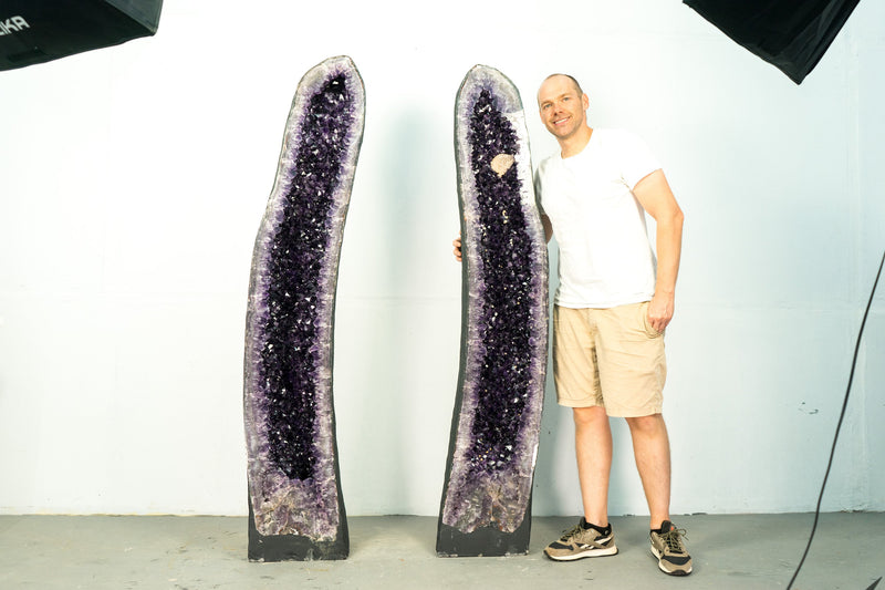 Pair of High-Grade, 6 Ft Tall Giant Amethyst Cathedral Geodes with Intact Large Calcite