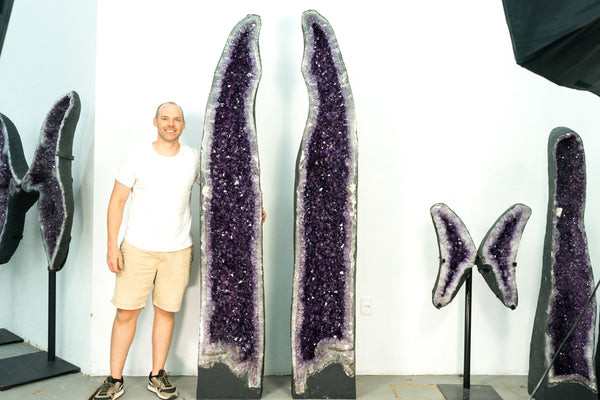Pair of 8 Ft Tall Giant High-Grade Amethyst Cathedral Geodes with Deep Purple Points
