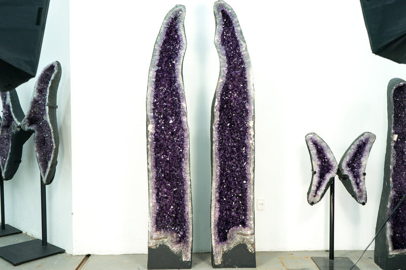 Pair of 8 Ft Tall Giant High-Grade Amethyst Cathedral Geodes with Deep Purple Points