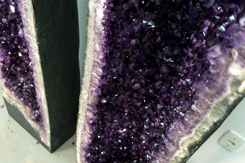 Pair of 8 Ft Tall Giant High-Grade Amethyst Cathedral Geodes with Deep Purple Points