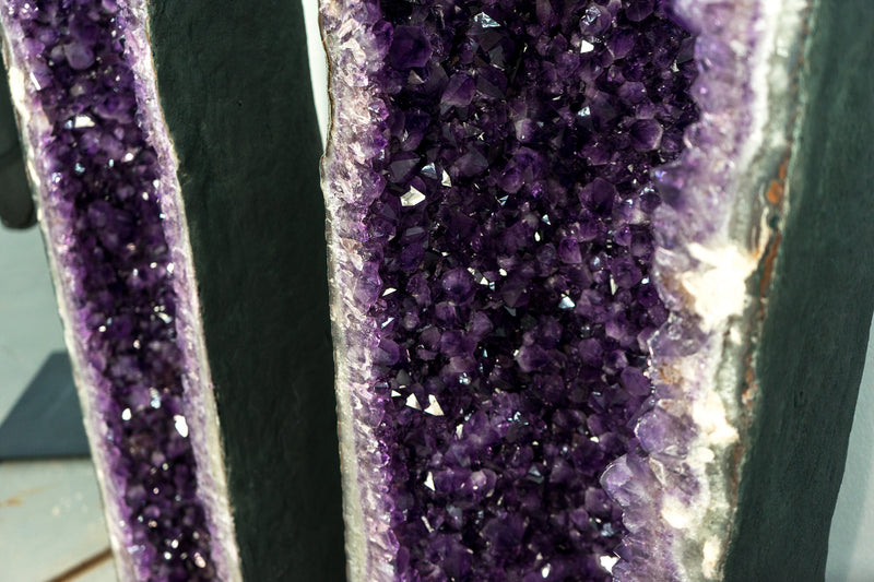 Pair of 8 Ft Tall Giant High-Grade Amethyst Cathedral Geodes with Deep Purple Points