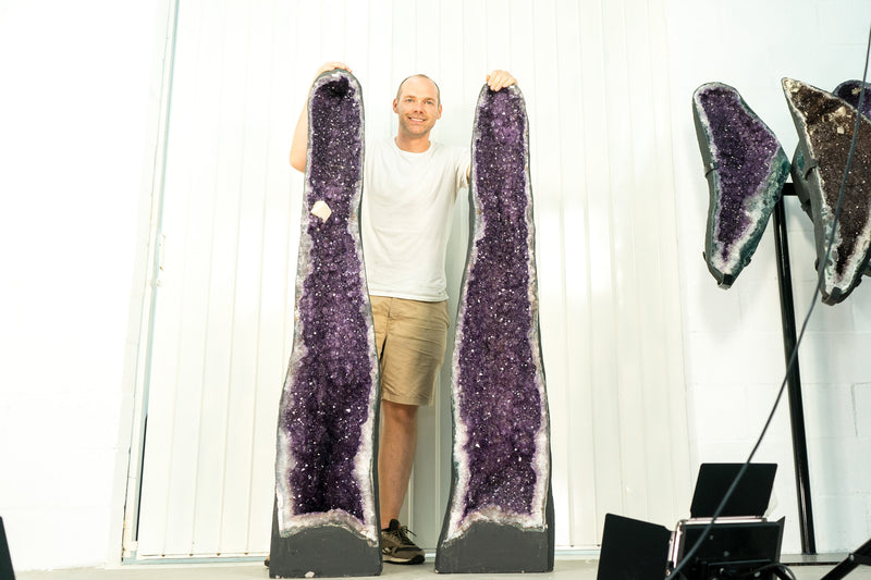 Pair of X-Tall 5.5 Ft. Amethyst Cathedral Geodes with Shiny Lavender Purple Amethyst