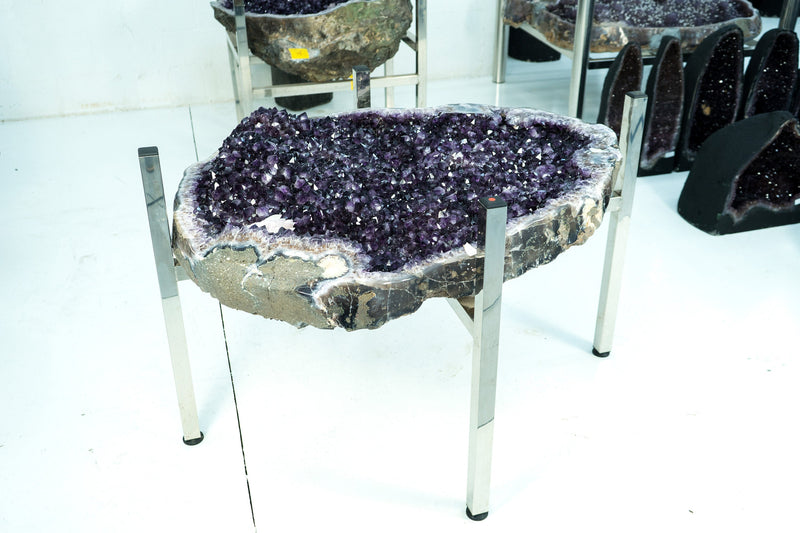 Amethyst Geode Dining Table on Handmade Inox Base with a AAA, Deep Purple Amethyst Crystal Geode
