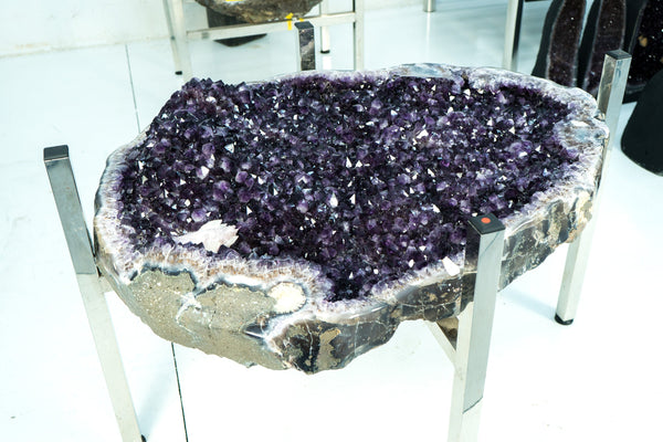 Amethyst Geode Dining Table on Handmade Inox Base with a AAA, Deep Purple Amethyst Crystal Geode