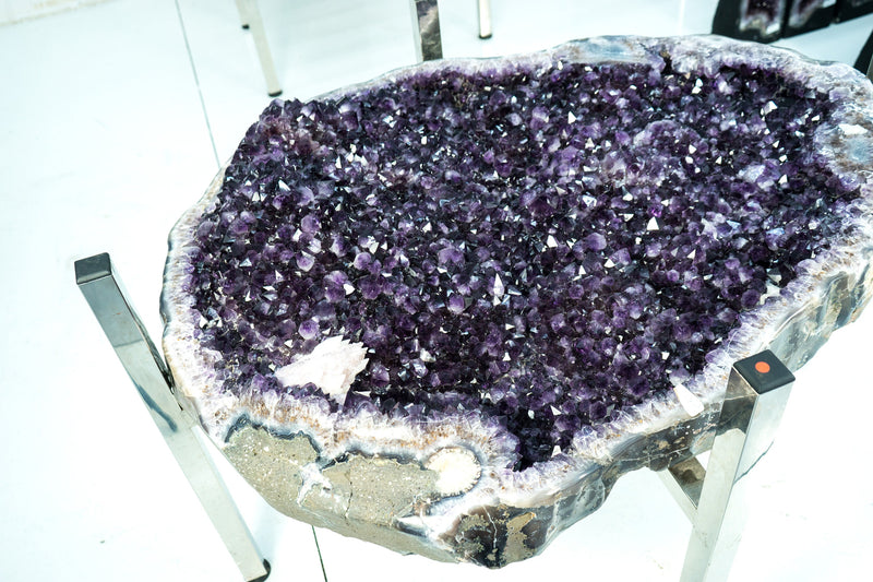 Amethyst Geode Dining Table on Handmade Inox Base with a AAA, Deep Purple Amethyst Crystal Geode