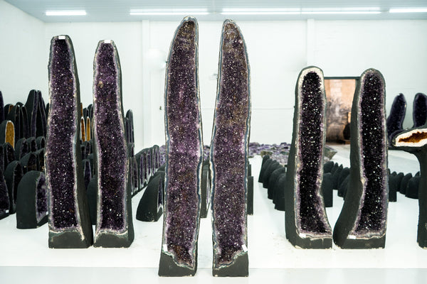 Wunderschönes Paar gerader, extragroßer Amethyst-Geoden mit funkelndem violettem Amethyst, Achatmatrix und Cacoxenit